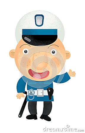 Cartoon scene with happy policeman on duty talking to radio on white background - illustration Cartoon Illustration