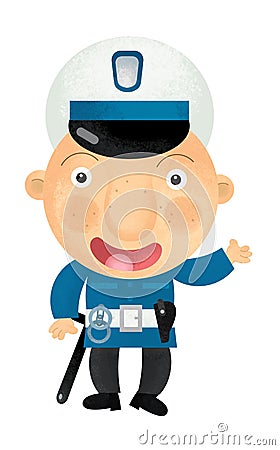 Cartoon scene with happy policeman on duty talking to radio on white background - illustration Cartoon Illustration