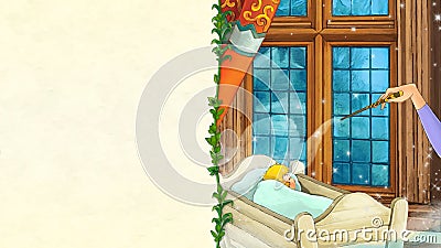 Cartoon scene with happy princess in the castle room being joyful Cartoon Illustration