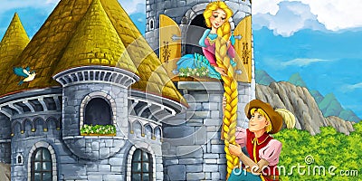 Cartoon scene with happy princess and prince near the castle illustration Cartoon Illustration