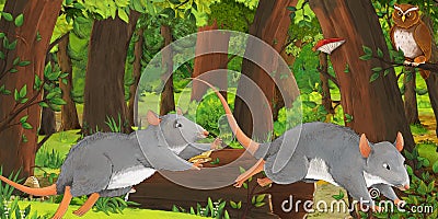 Cartoon scene with happy rat mouse in the forest encountering pair of owls flying - illustration for children Cartoon Illustration