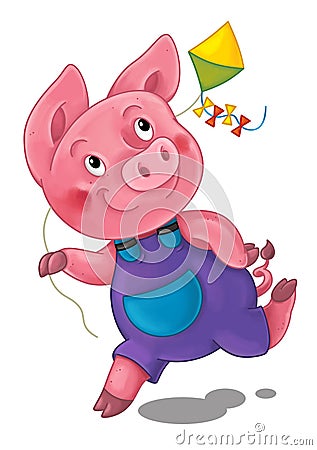 Cartoon scene with happy running little pig - on white background Cartoon Illustration