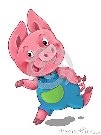 Cartoon scene with happy running little pig - on white background Cartoon Illustration