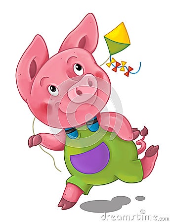 Cartoon scene with happy running little pig - on white background Cartoon Illustration