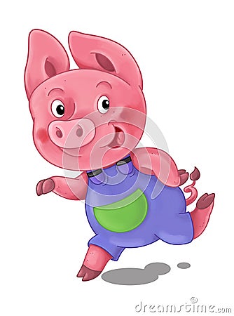 Cartoon scene with happy running little pig - on white background Cartoon Illustration