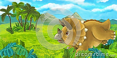 Cartoon scene with happy triceratops standing and looking Cartoon Illustration