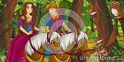 Cartoon scene with happy young boy prince and girl princess riding on horse in the forest encountering pair of owls flying Cartoon Illustration