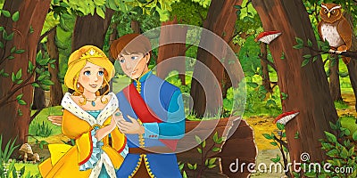 Cartoon scene with happy young girl princess in the forest encountering pair of owls flying Cartoon Illustration