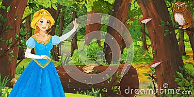 Cartoon scene with happy young girl princess in the forest encountering pair of owls flying Cartoon Illustration