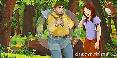 Cartoon scene with happy young girl princess and man lumberjack or hunter in the forest encountering pair of owls flying Cartoon Illustration