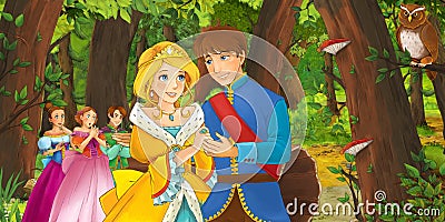 Cartoon scene with happy young girl princess and prince in the forest encountering pair of owls flying Cartoon Illustration