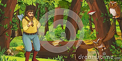 Cartoon scene with happy young man child prince or farmer in the forest encountering pair of owls flying Cartoon Illustration