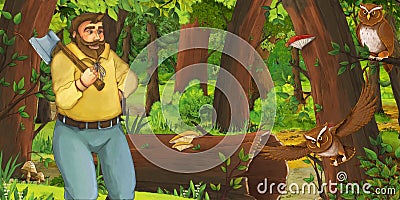 Cartoon scene with happy young man child prince or farmer in the forest encountering pair of owls flying Cartoon Illustration