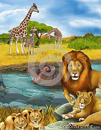 cartoon scene with hippopotamus hippo swimming in river and lion illustration Cartoon Illustration