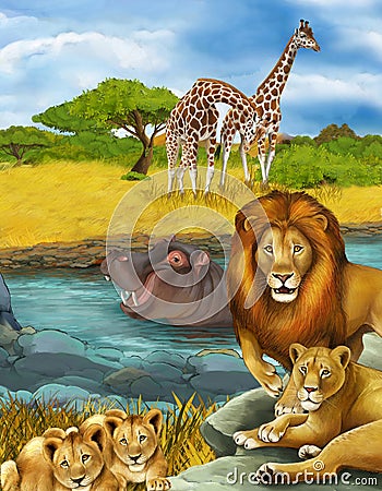 cartoon scene with hippopotamus hippo swimming in river and lion illustration Cartoon Illustration