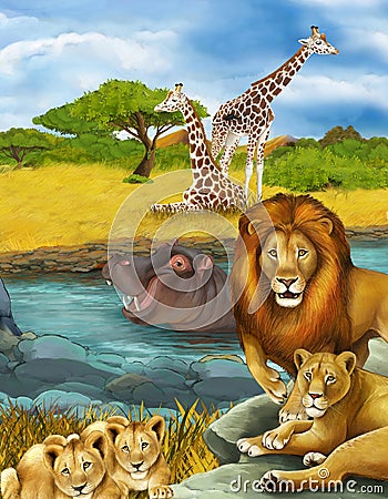 cartoon scene with hippopotamus hippo swimming in river and lion illustration Cartoon Illustration