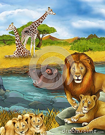 cartoon scene with hippopotamus hippo swimming in river and lion illustration Cartoon Illustration