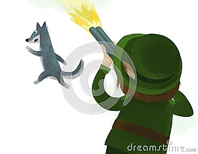 Cartoon scene with hunter forester hunting wolf in the forest illustration for children Cartoon Illustration