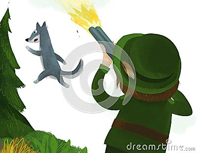 Cartoon scene with hunter forester hunting wolf in the forest illustration for children Cartoon Illustration