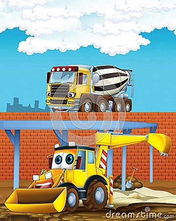 Cartoon scene with industry cars on construction site and concrete mixer - illustration for children Cartoon Illustration