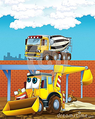Cartoon scene with industry cars on construction site and concrete mixer - illustration for children Cartoon Illustration