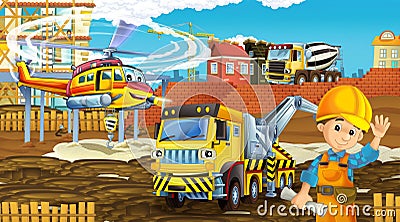 Cartoon scene with industry cars on construction site and flying helicopter and plane - illustration Cartoon Illustration