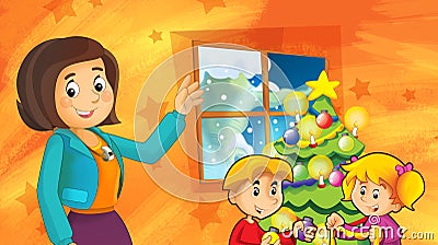 Cartoon scene with kids decorating christmas tree with mother or teacher - illustration Cartoon Illustration