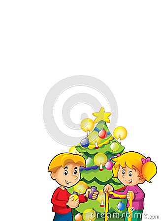 Cartoon scene with kids decorating christmas tree on white background - illustration Cartoon Illustration