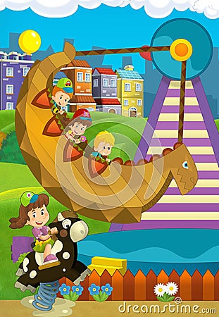 Cartoon scene with kids playing in the funfair Cartoon Illustration