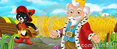 Cartoon scene with king and noble cat walking through the pastures Cartoon Illustration