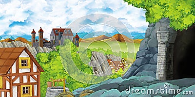 Cartoon scene with kingdom castle and farm village near it and hidden mining cave Cartoon Illustration