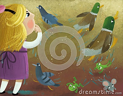 cartoon scene with little girl looking at different animals birds ducks pigeons frogs and mouse running in many directions on the Cartoon Illustration
