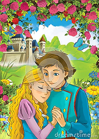 Cartoon scene of loving couple - prince and princess - castle in the background Cartoon Illustration