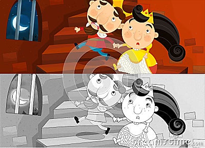 Cartoon scene of married couple prince and princess in castle room - illustration for children Cartoon Illustration