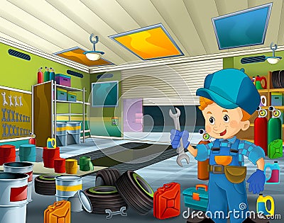 Cartoon scene with mechanic in the garage working Cartoon Illustration