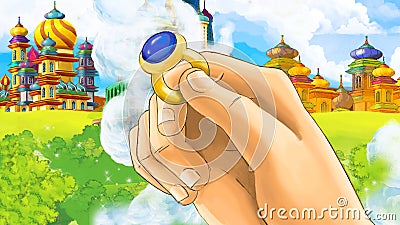 Cartoon scene with medieval arabic kingdom with close up on hand with ring - far east ornaments - the stage for different usage Cartoon Illustration