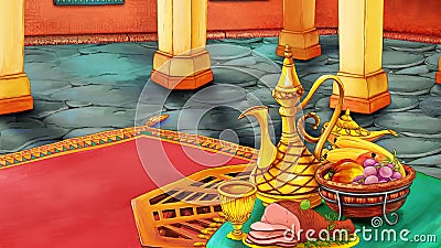 cartoon scene with medieval arabic room with treasures - far east ornaments - the stage for different usage - illustration for Cartoon Illustration