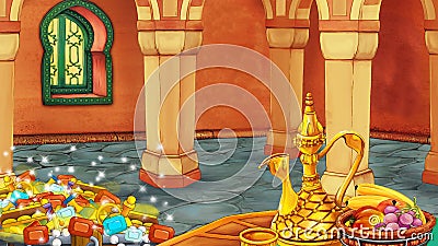 cartoon scene with medieval arabic room with treasures - far east ornaments - the stage for different usage - illustration for Cartoon Illustration