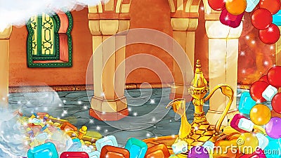 cartoon scene with medieval arabic room with treasures - far east ornaments and treasure frame - the stage for different usage - Cartoon Illustration