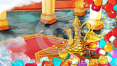 cartoon scene with medieval arabic room with treasures - far east ornaments with treasure frame - the stage for different usage - Cartoon Illustration