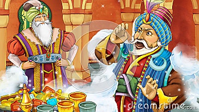 cartoon scene with medieval arabic room with treasures and prince and sorcerer - far east ornaments - the stage for different Cartoon Illustration