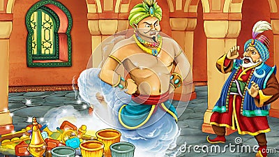 cartoon scene with medieval arabic room with treasures and prince and sorcerer - far east ornaments - the stage for different Cartoon Illustration