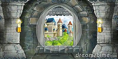 Cartoon scene of medieval castle interior with window with view on some other castle Cartoon Illustration