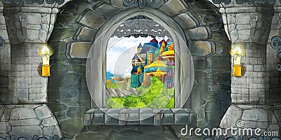 Cartoon scene of medieval castle interior with window with view on some other castle Cartoon Illustration
