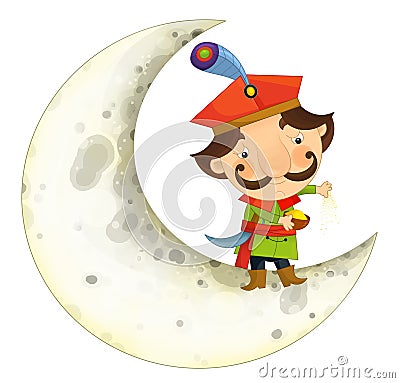 cartoon scene with medieval man like nobleman prince or merchant living on the moon isolated illustration for children Cartoon Illustration