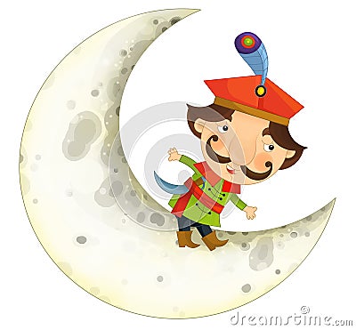 cartoon scene with medieval man like nobleman prince or merchant living on the moon isolated illustration for children Cartoon Illustration