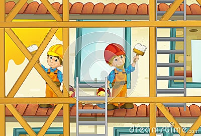 Cartoon scene with men working doing industrial jobs Cartoon Illustration