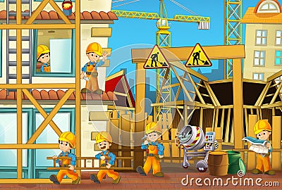 Cartoon scene with men working doing industrial jobs Cartoon Illustration