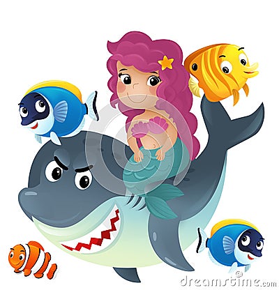 cartoon scene with mermaid princess and shark swimming together having fun with coral reef fishes isolated illustration for kids Cartoon Illustration