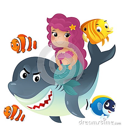 cartoon scene with mermaid princess and shark swimming together having fun with coral reef fishes isolated illustration for kids Cartoon Illustration